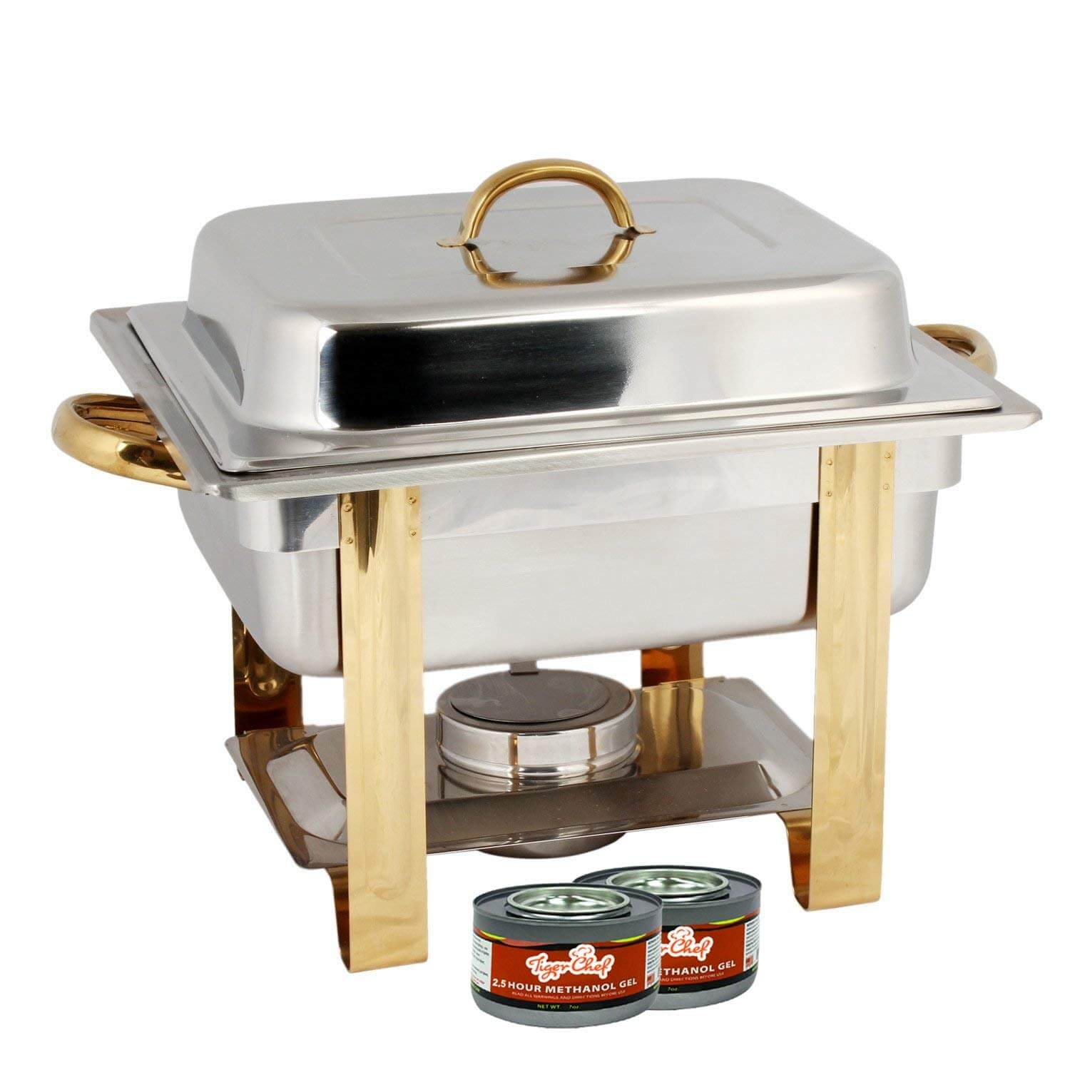 Tiger Chef 4 Quart Round Chafing Dish Buffet Warmer Set Includes Free Chafing Fuel Gel Cans Burns 2.5 Hours and Plastic Serving Tongs Gold Accented Chafer 