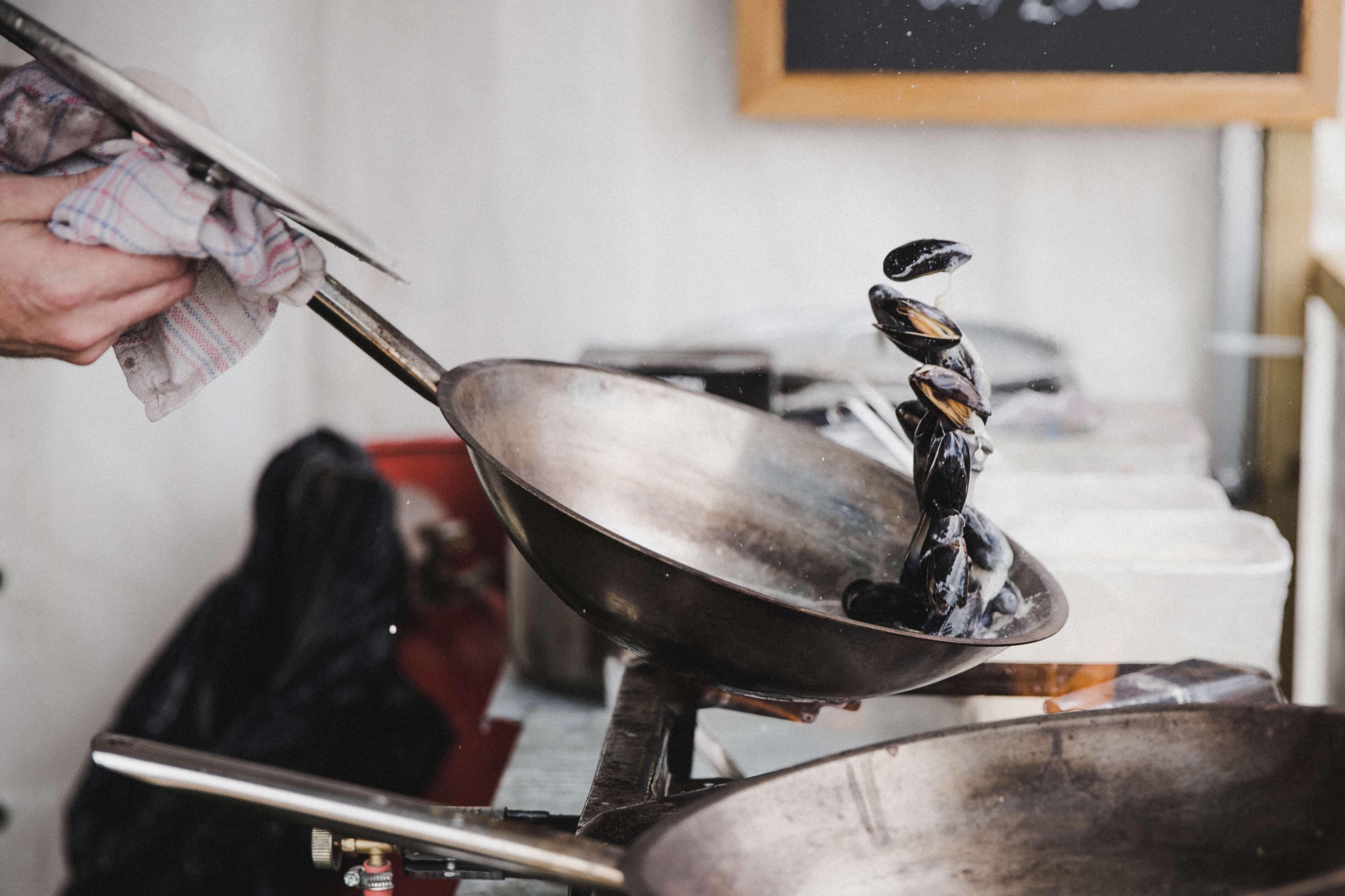 Pan roasting mussels