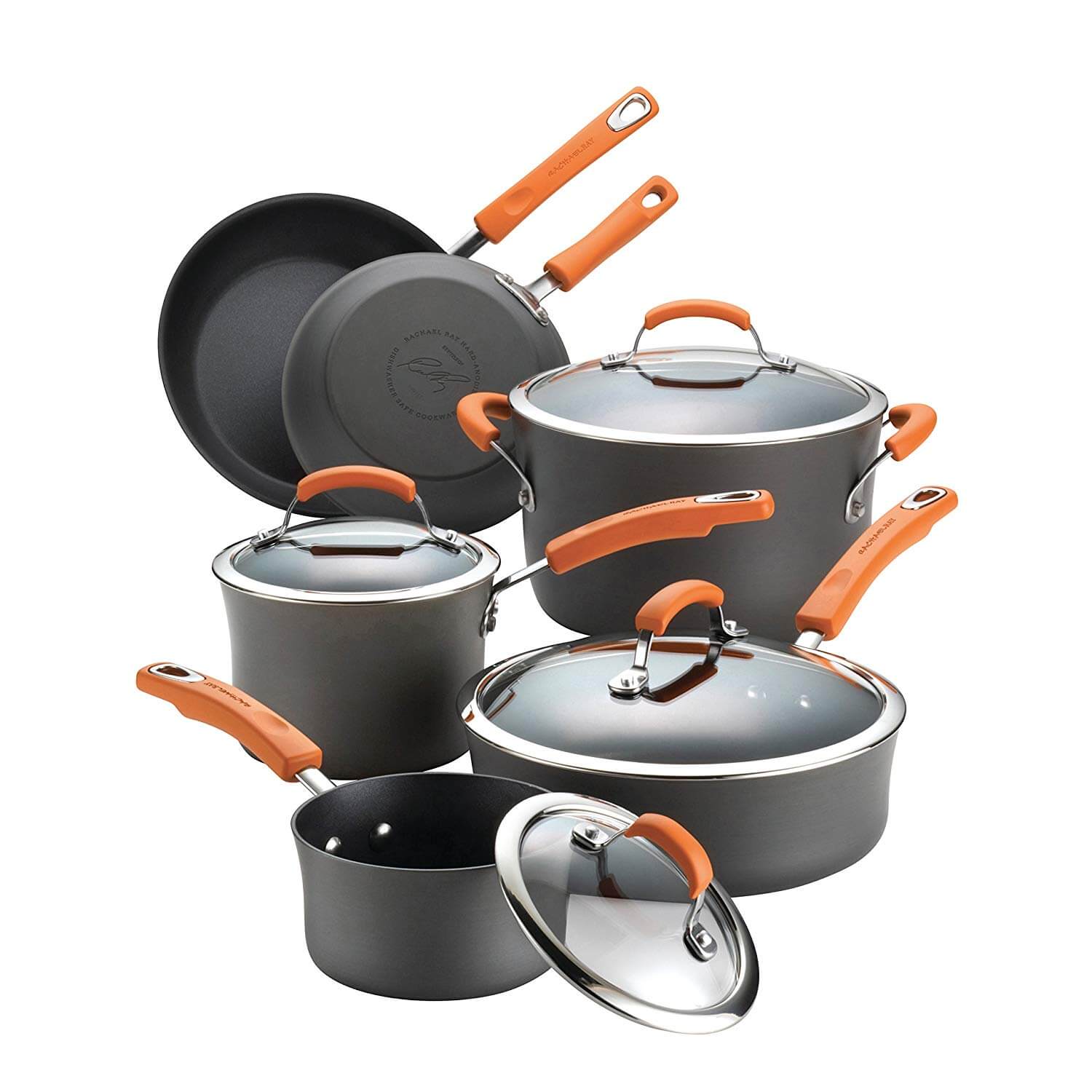 Rachael Ray Hard Anodized Non-stick 10-Piece Gray with Orange Cookware Set